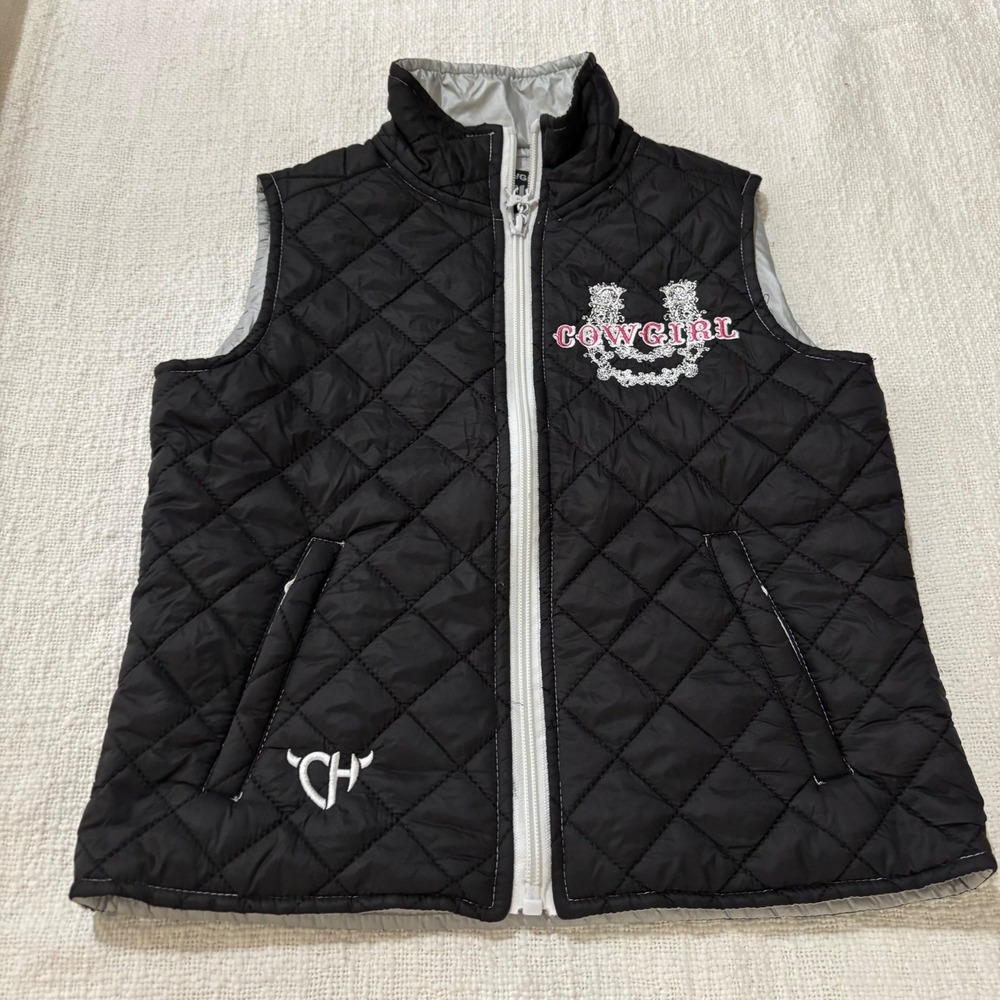 Cowgirl Hardware Kids Black Quilted Puffer Vest Horseshoe Rhinestone Size XS 5 - Picture 1 of 10